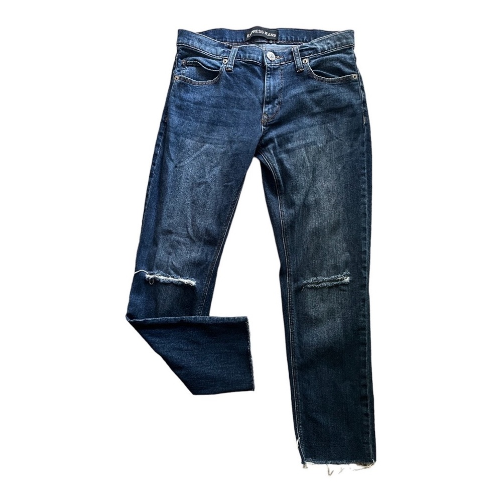 EXPRESS Girlfriend Dark Wash Jeans with Light Distressing